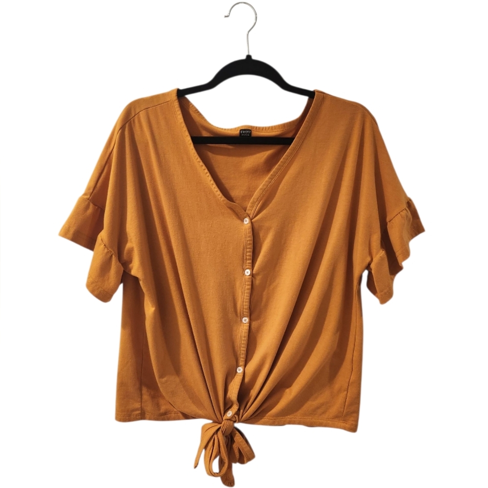 V Neck Button-Down Tie Front Blouse-Mustard Yellow